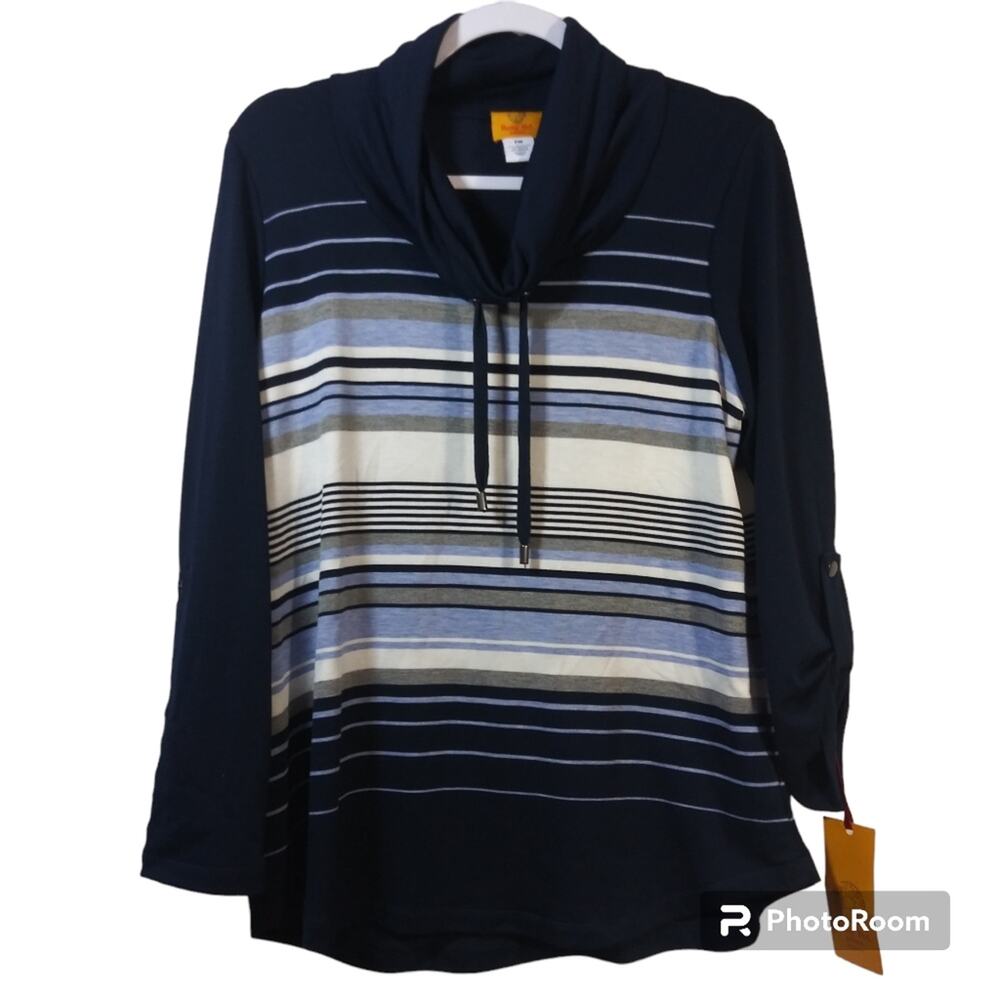 Ruby Rd Navy Stripe Athleisure Cowl Neck Top Petite Size PM